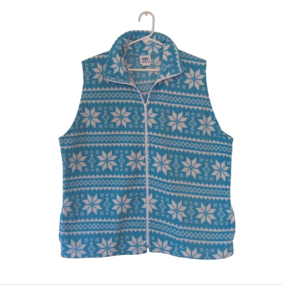 Vtg. PFI Fashions Fair Isle Fleece Snowflake Zip Vest LARGE Blue Green White